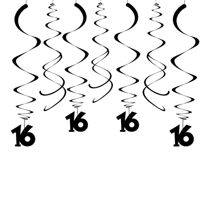 AimtoHome Party Swirl Decorations, Black 16th Birthday Swirl Decoration, 16th Anniversary Ceiling Hanging Party Swirl Decoration, Pack of 30 - Image 1